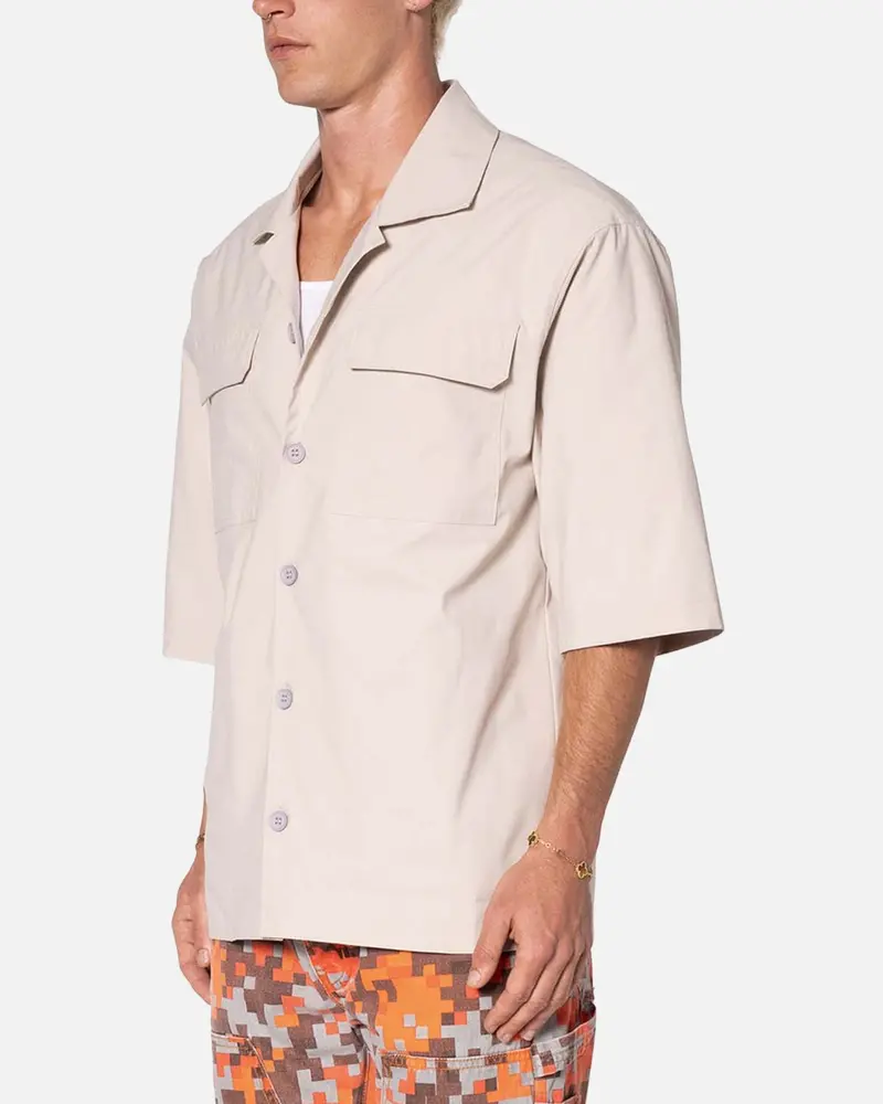 Mnml Lined Woven Nylon Button Up Shirt Stone 2