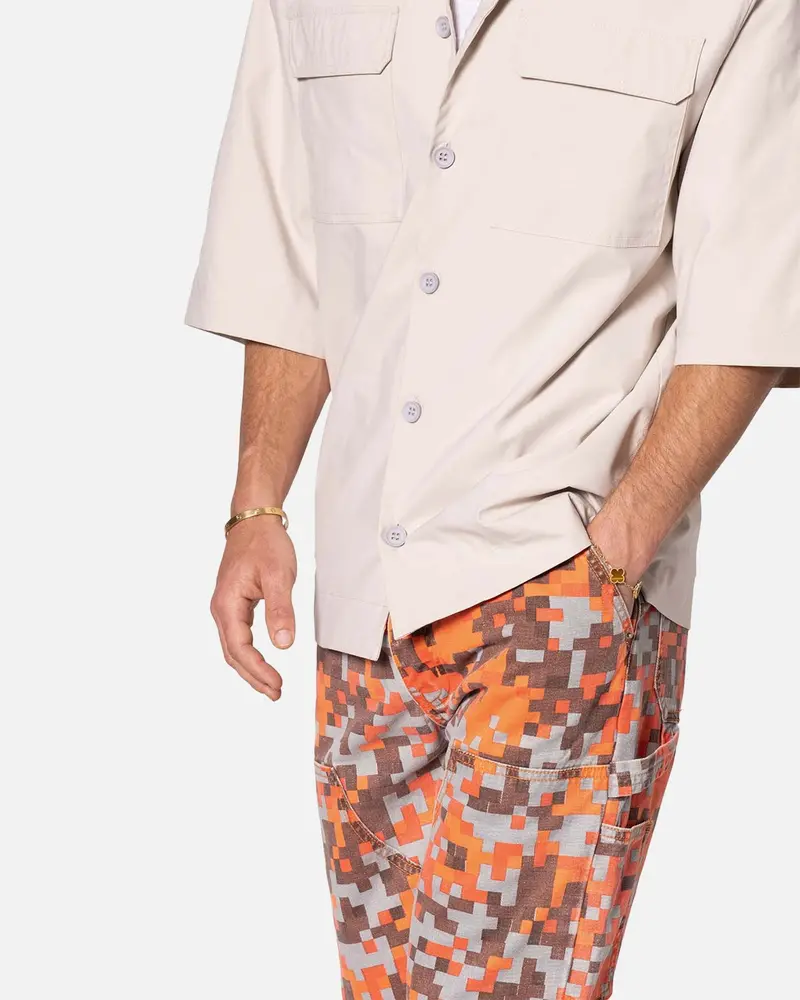 Mnml Lined Woven Nylon Button Up Shirt Stone 5