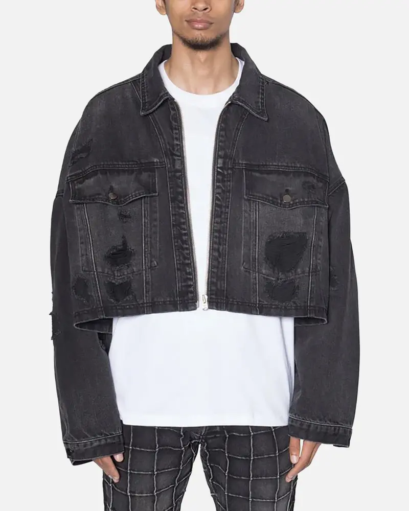 Mnml Oversized Ripped Cropped Denim Jacket Washed Black 1