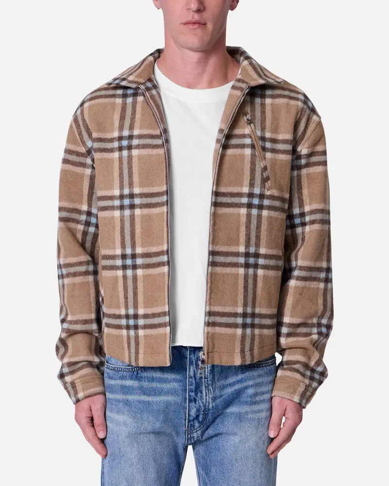 Mnml Plaid Flannel Front Zip Jacket Brown/Cream 1
