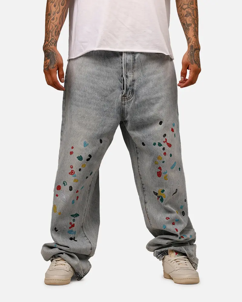 Mnml Ultra Baggy Paint Splat Denim Jeans Light Blue 1