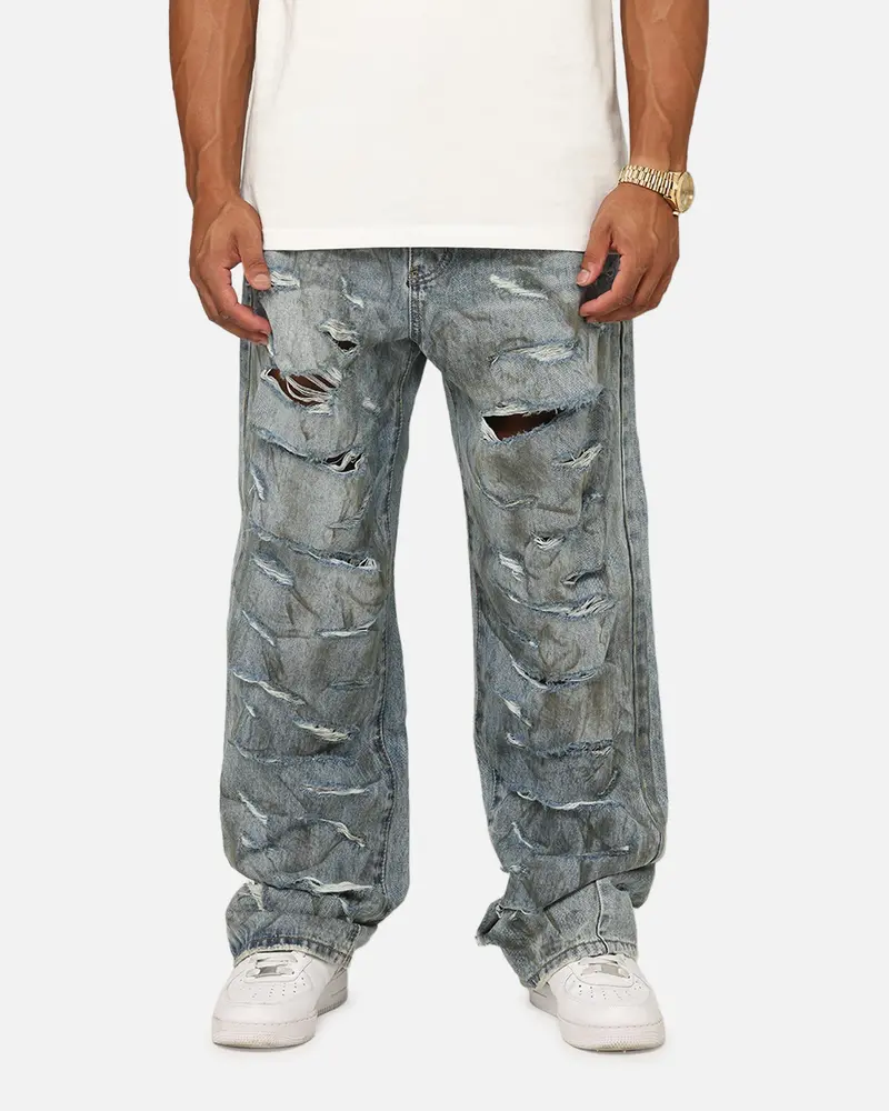 Mnml Ultra Baggy Thrashed Denim Jeans Blue 1