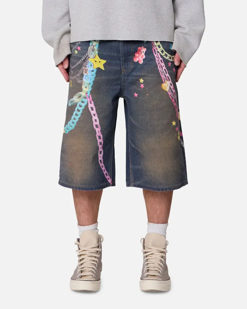 Mnml Ultrabaggy Chain Printed Denim Shorts Blue 1
