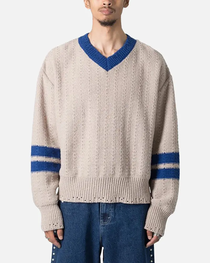 Mnml Varsity V Neck Sweater Off White/Blue 1