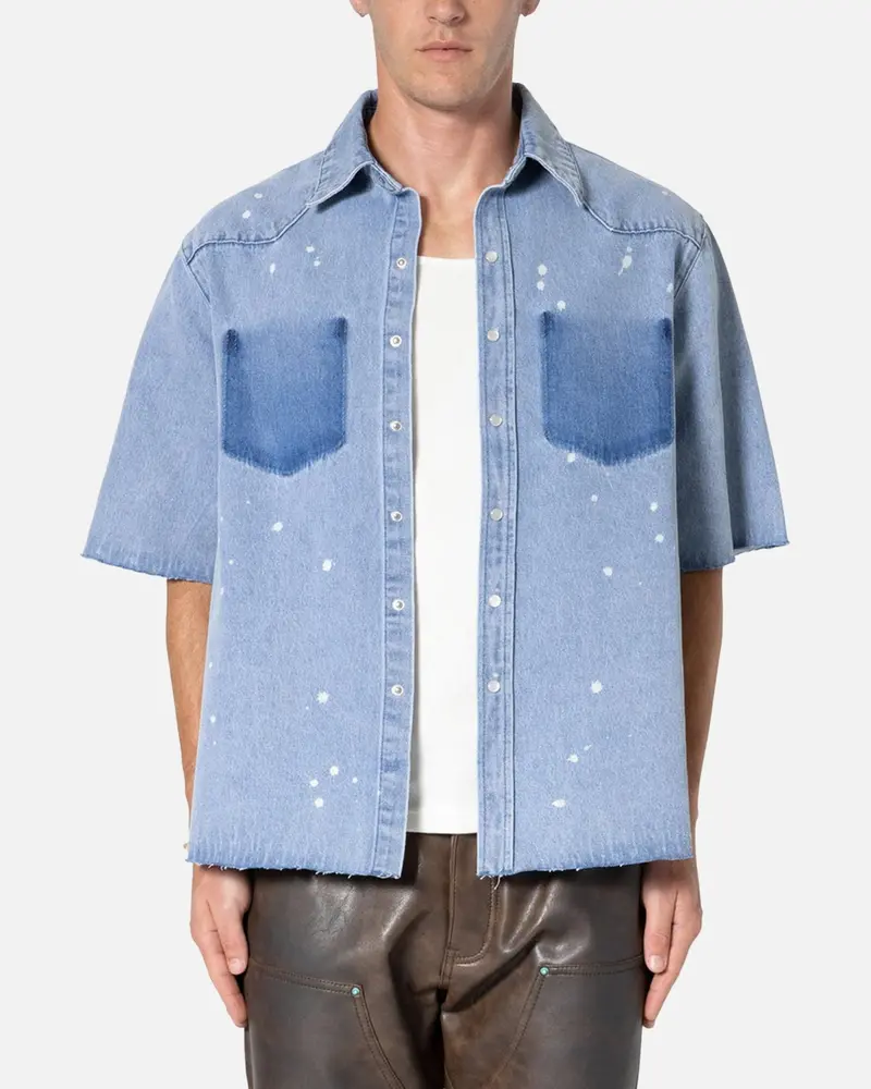 Mnml Washed Denim Button Up Shirt Blue 1