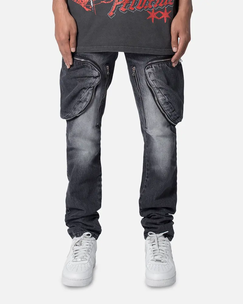 Mnml Zipper Inseam Cargo Denim Jeans Washed Black 1