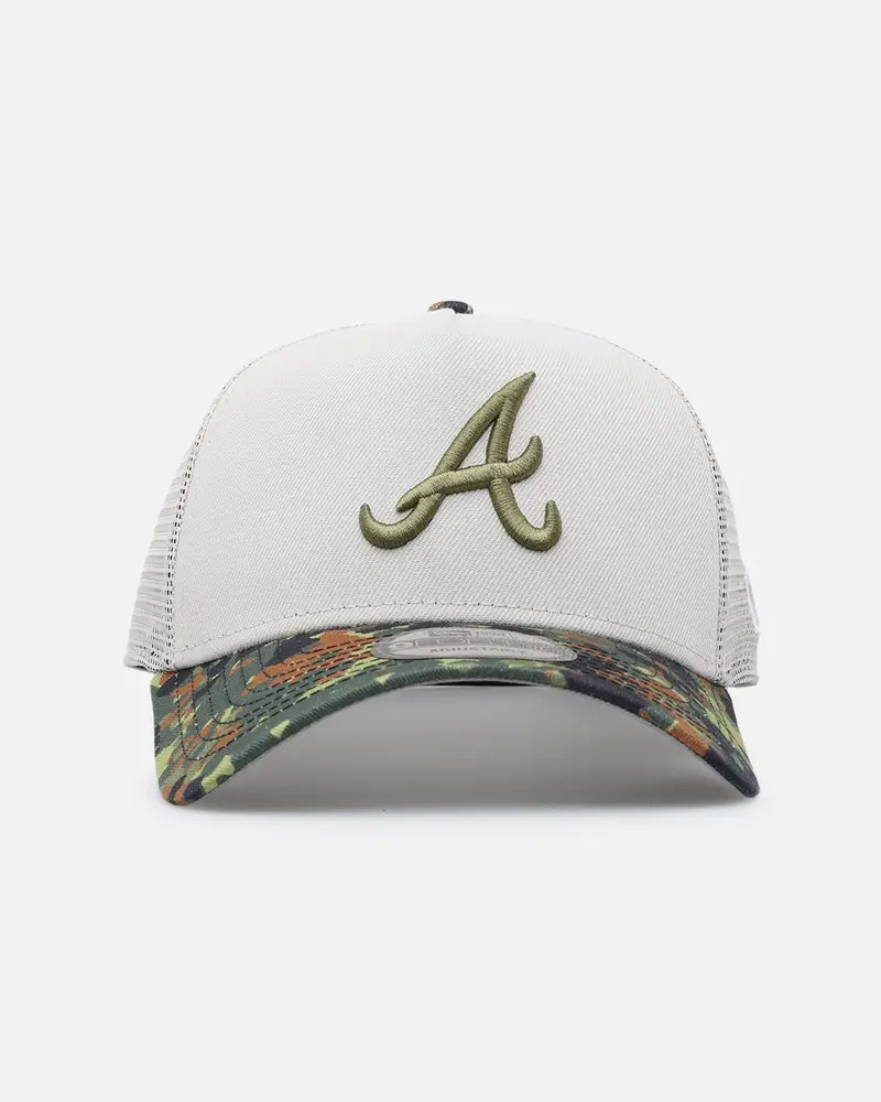 New Era Atlanta Braves "Camo Visor" 9Forty A-Frame Trucker Snapback Stone/Olive 1