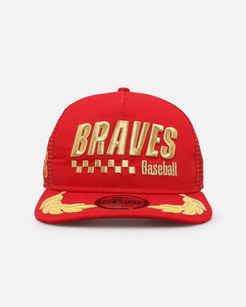 New Era Atlanta Braves 'Podium Collection' Pre-Curved Golfer Trucker Snapback Scarlet/Metallic Gold 1