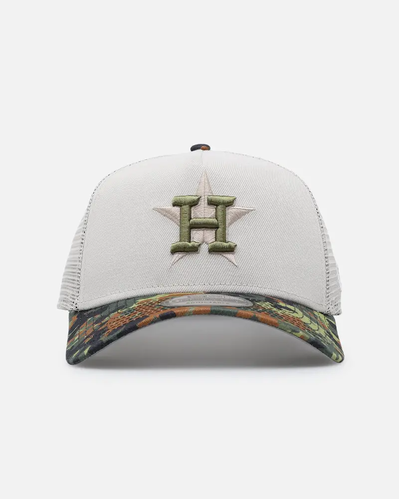 New Era Houston Astros "Camo Visor" 9Forty A-Frame Trucker Snapback Stone/Olive 1