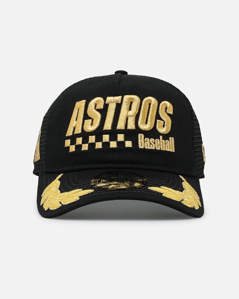 New Era Houston Astros 'Podium Pack' Pre-Curved Golfer Trucker Snapback Black/Metallic Gold 1