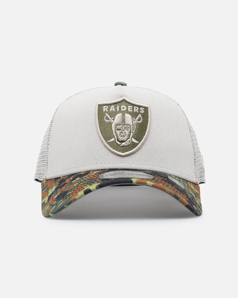 New Era Las Vegas Raiders "Camo Visor" 9Forty A-Frame Trucker Snapback Stone/Olive 1