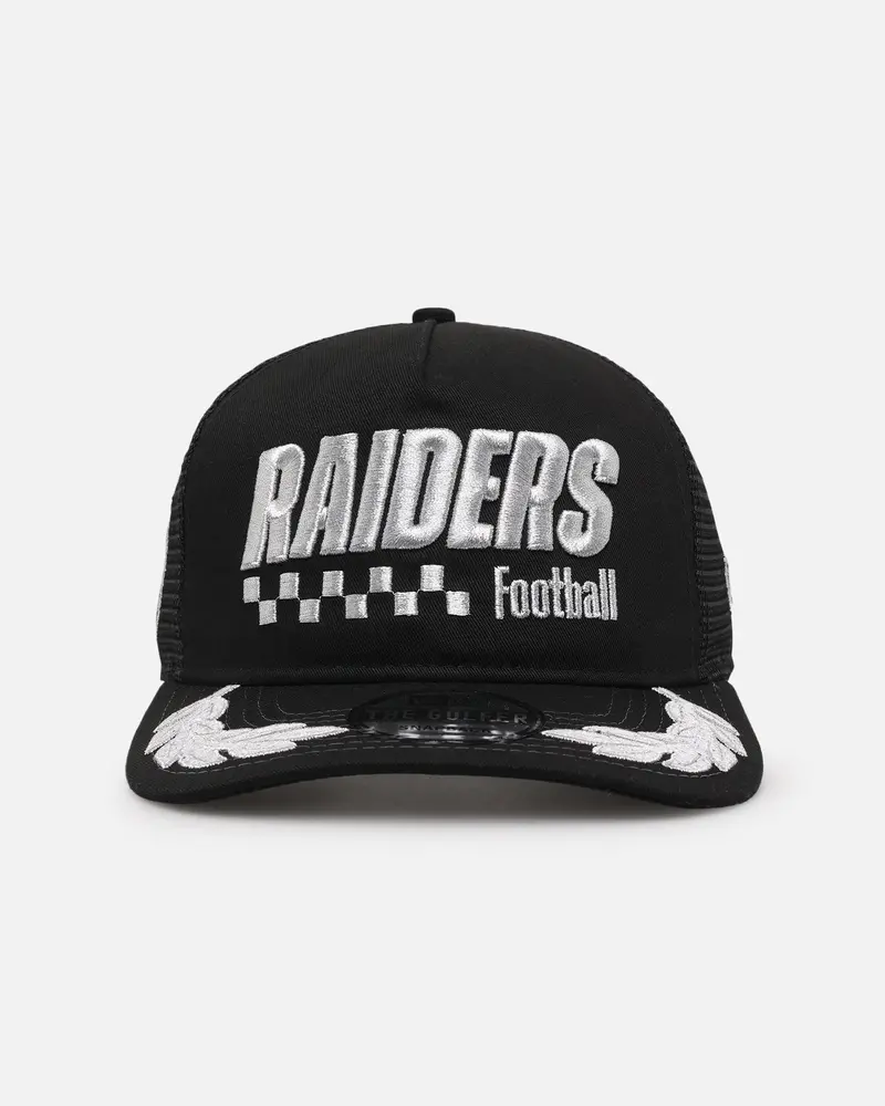New Era Las Vegas Raiders 'Podium Collection' Pre-Curved Golfer Trucker Snapback Light Royal/Metallic Gold 1
