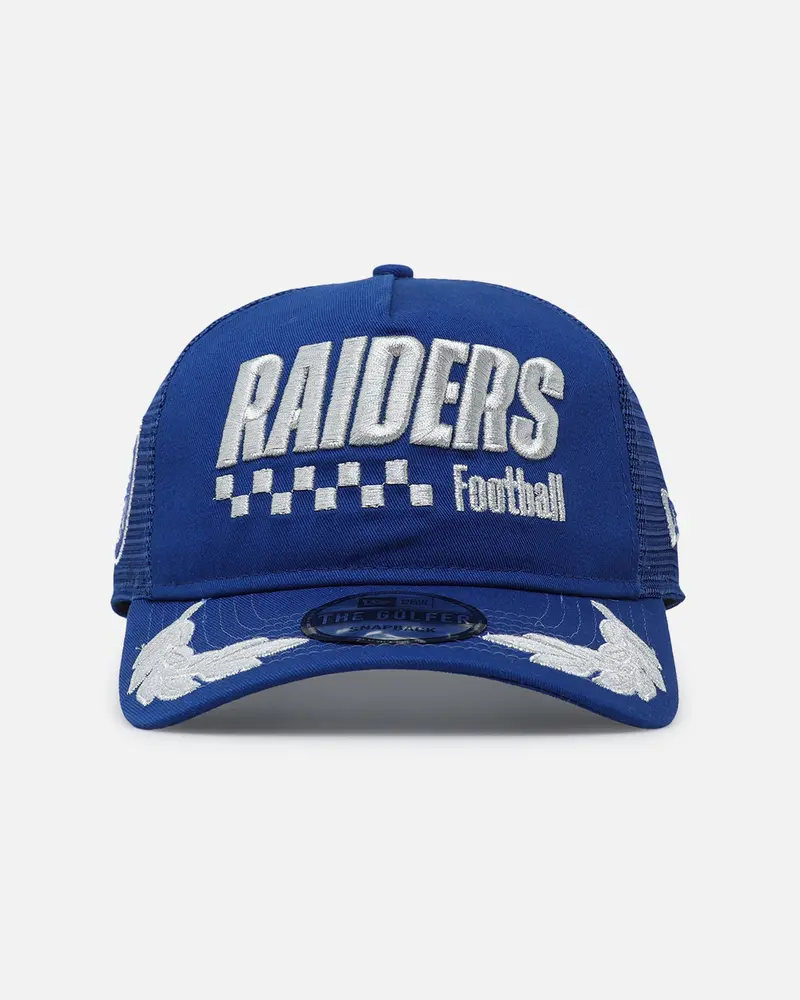 New Era Las Vegas Raiders 'Podium Pack' Pre-Curved Golfer Trucker Snapback Light Royal/Metallic Gold 1