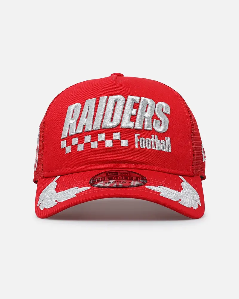 New Era Las Vegas Raiders 'Podium Pack' Pre-Curved Golfer Trucker Snapback Scarlett/Metallic 1