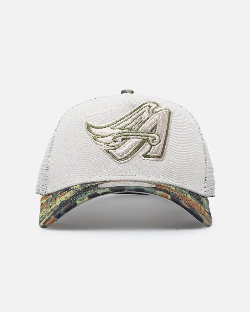 New Era Los Angeles Angels "Camo Visor" 9Forty A-Frame Trucker Snapback Stone/Olive 1