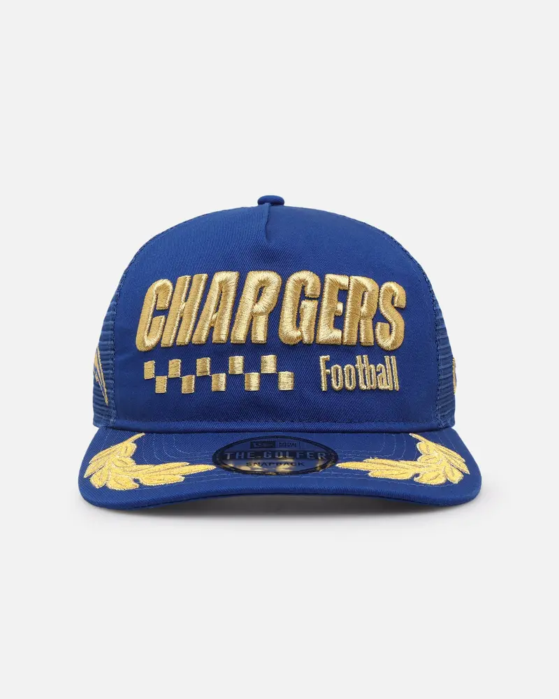 New Era Los Angeles Chargers 'Podium Collection' Pre-Curved Golfer Trucker Snapback Light Royal/Metallic Gold 1