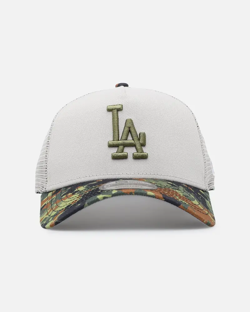 New Era Los Angeles Dodgers "Camo Visor" 9Forty A-Frame Trucker Snapback Stone/Olive 1