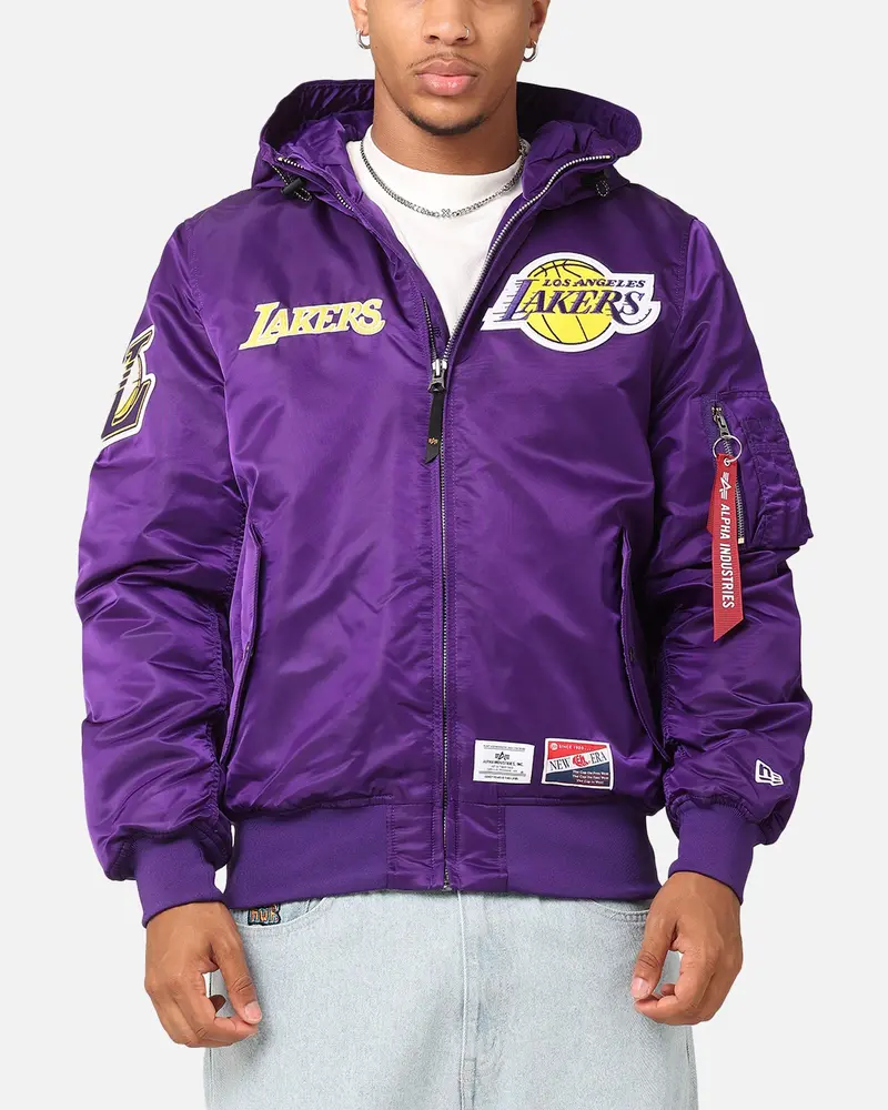 New Era Los Angeles Lakers Alpha Industries L-2B Hooded Bomber Jacket Purple 1
