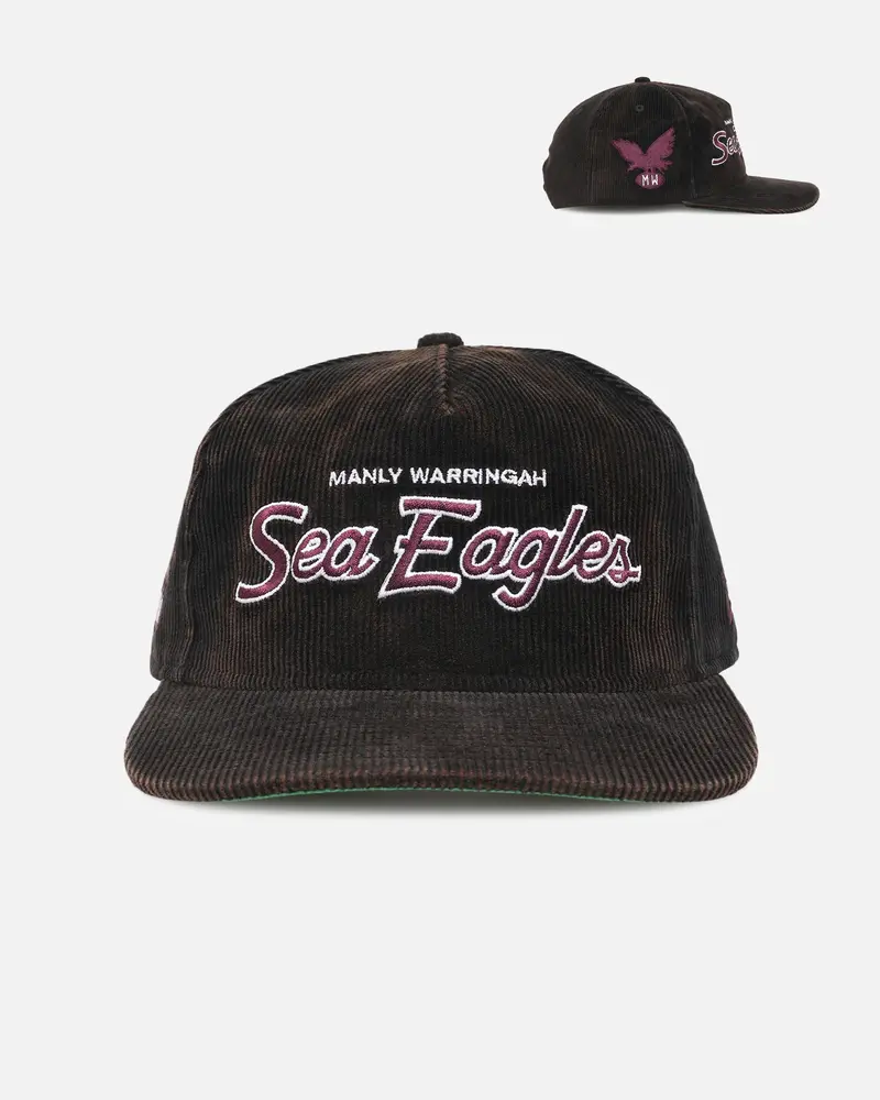 New Era Manly Warringah Sea Eagles 'Nrl Golfer Washed Black' Pre-Curved Corduroy Golfer Snapback Washed Black 1