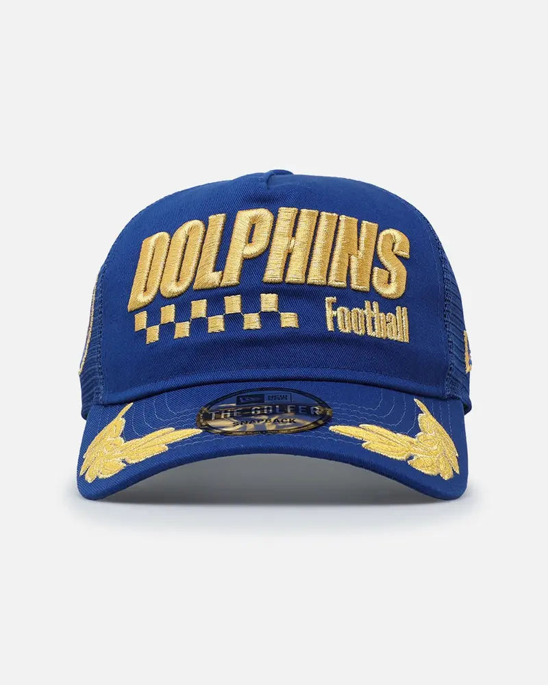 New Era Miami Dolphins 'Podium Pack' Pre-Curved Golfer Trucker Snapback Light Royal/Metallic 1
