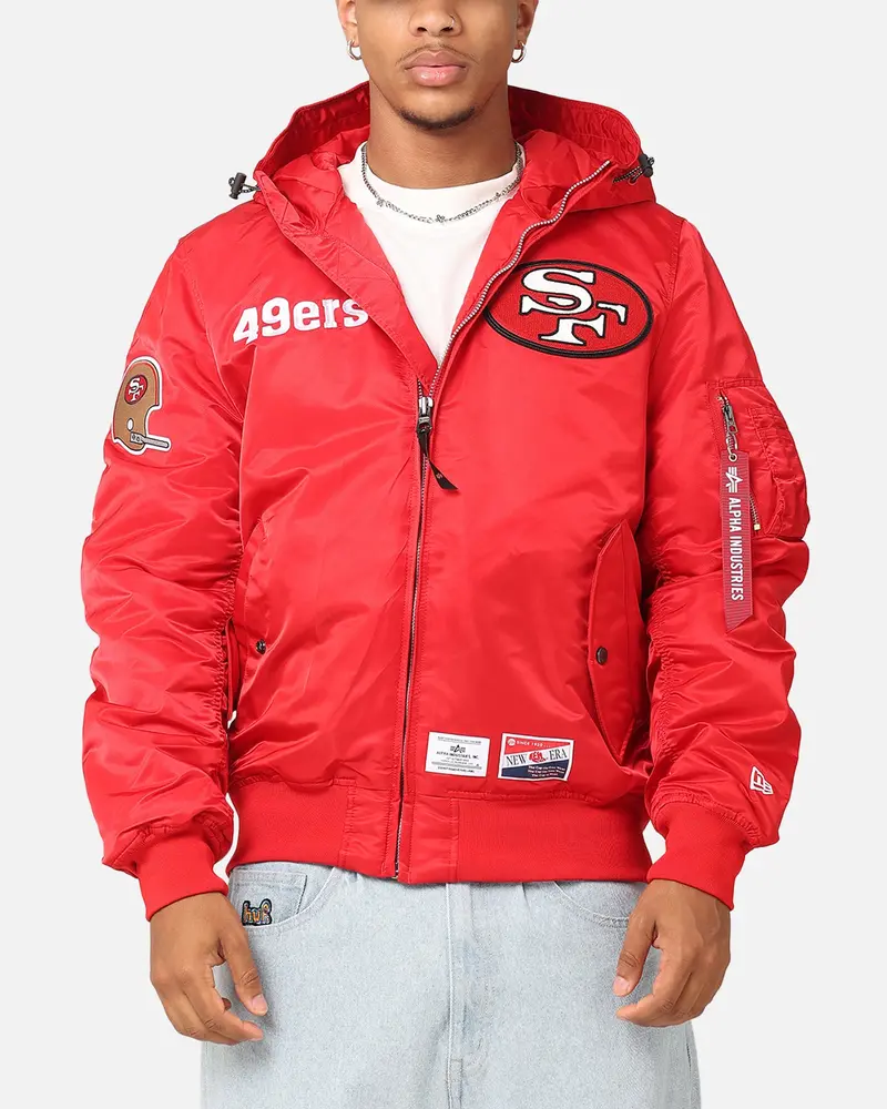 New Era San Francisco 49Ers Alpha Industries L-2B Hooded Bomber Jacket Red 1