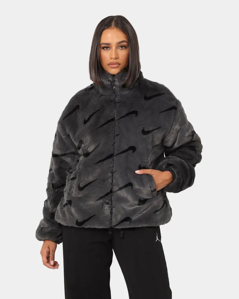 Nike Women's Nike Sportswear Faux Fur All Over Print Jacket Dark Smoke Grey/Black 1