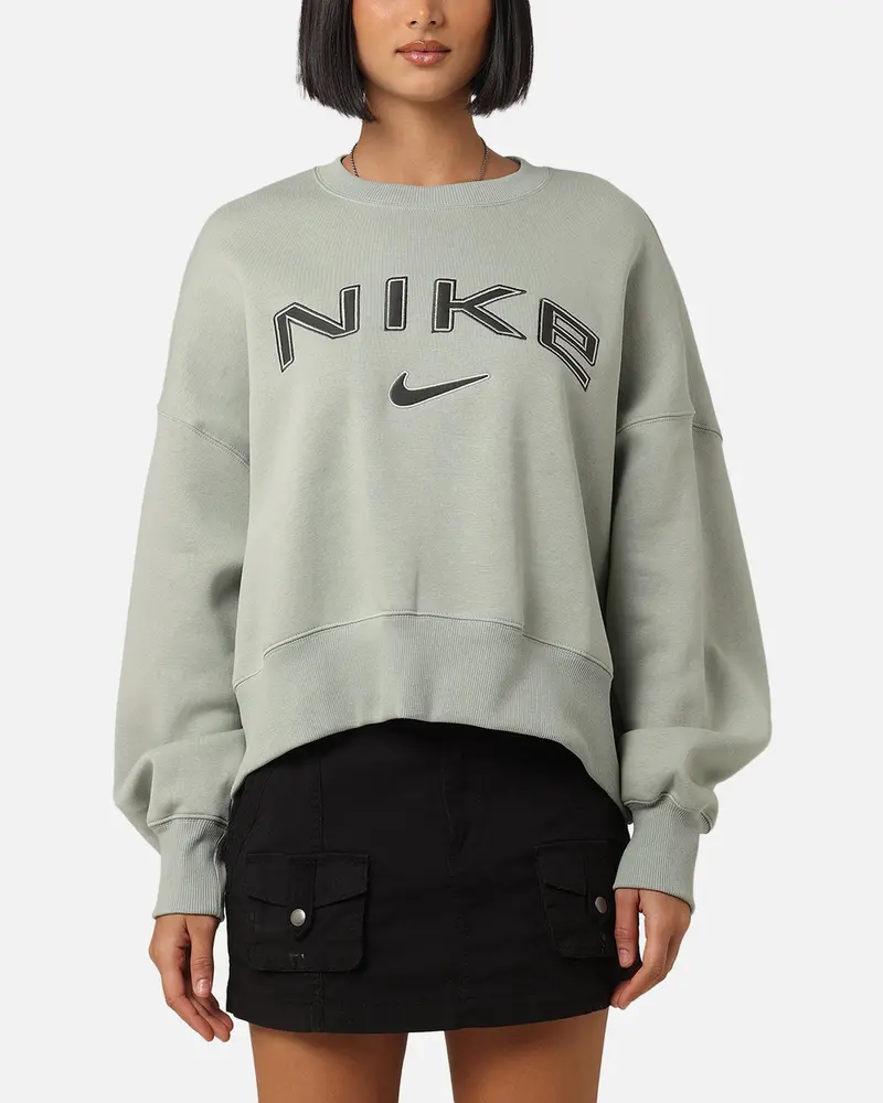 Nike Women's Sportswear Pheonix Fleece Oversized Logo Crewneck Jade Horizon/Light Orewood Brown 1