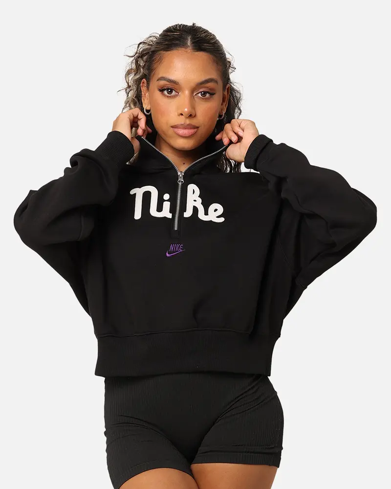 Nike Women's Sportswear Quarter-Zip Crop Fleece Sweatshirt Black/Sail/Field Purple 1