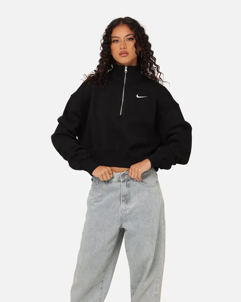 Nike Women's Sportswear Style Phoenix Fleece Cropped Half Zip Sweatshirt Black/Sail 1