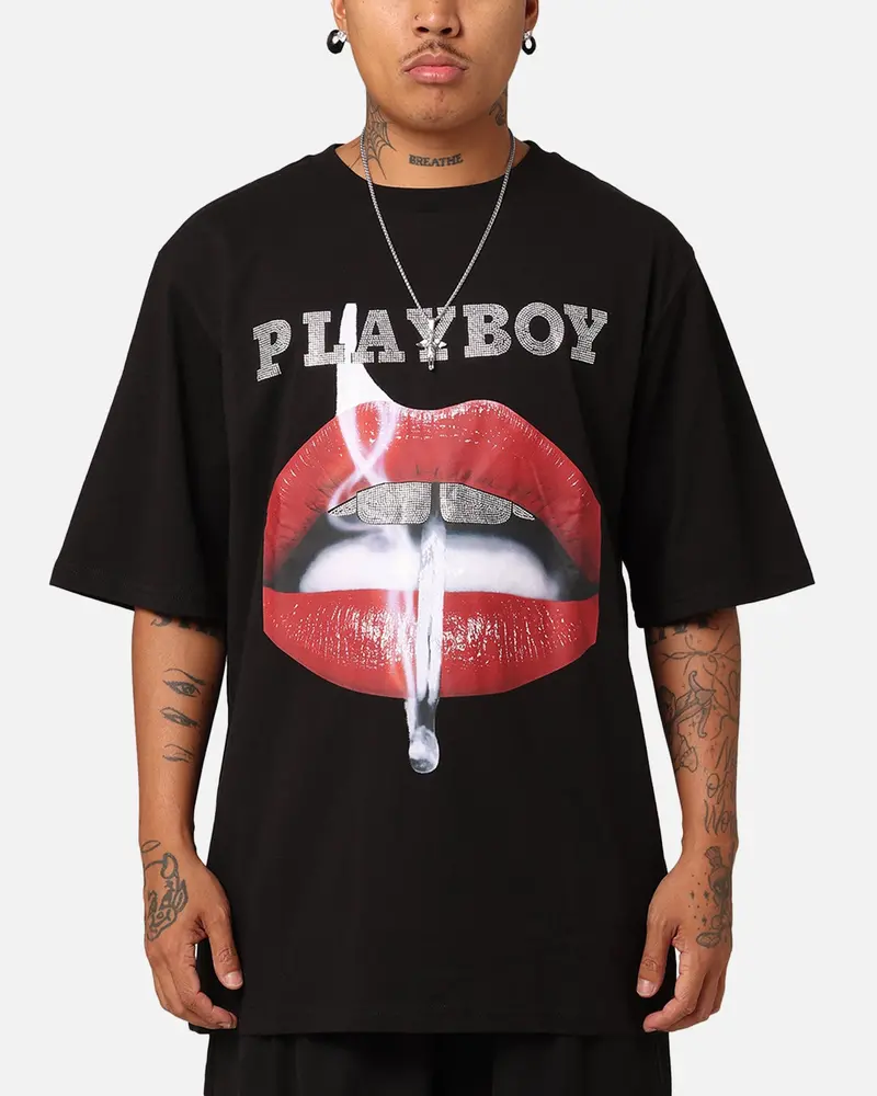 Playboy Diamanté Lips T-Shirt Black 1