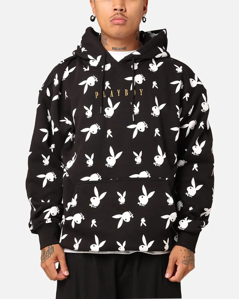 Playboy Gold Bunny All Over Hoodie Black 1