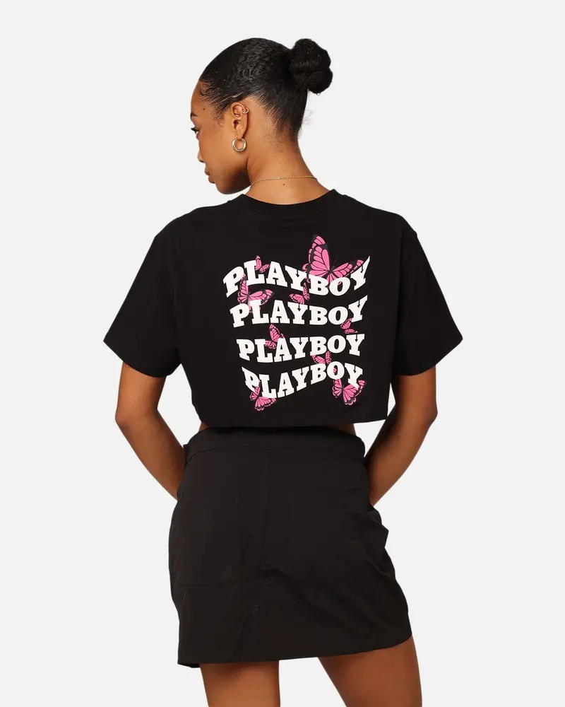 Playboy Women's Butterfly Cropped T-Shirt Black 1