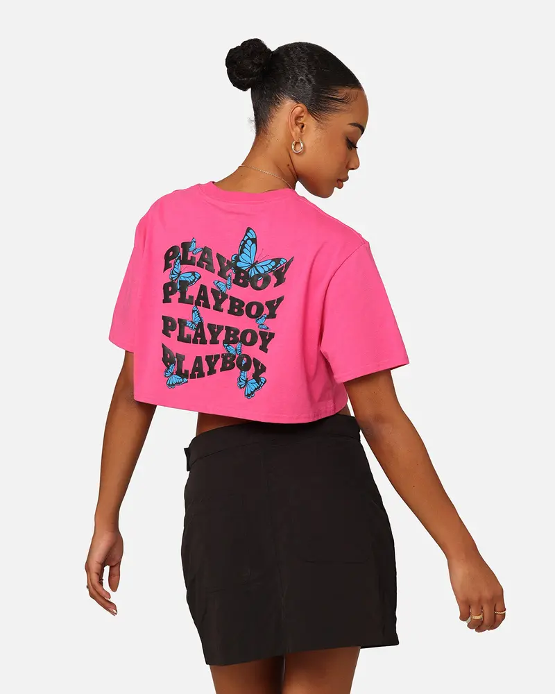 Playboy Women's Butterfly Cropped T-Shirt Pink 1