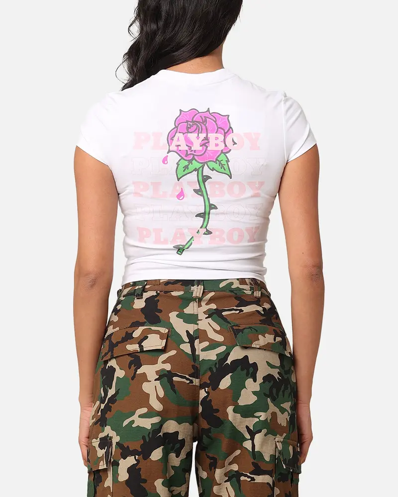 Playboy Women's Rose Stacked Baby T-Shirt White 1