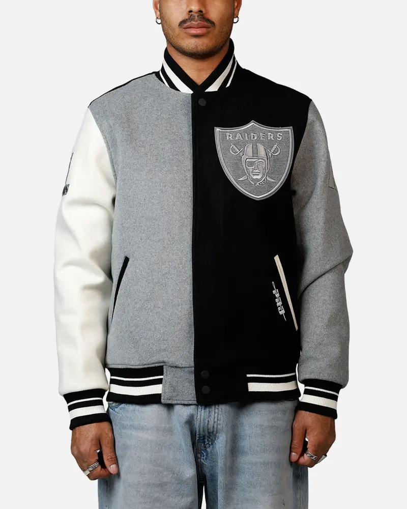 Pro Standard Las Vegas Raiders Reverse French Terry Wool Varsity Jacket Black/Grey 1