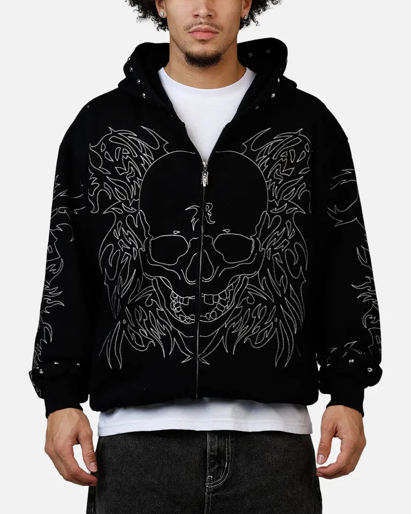 Revenge Tribal Skull Studded Zip Hoodie Black 1