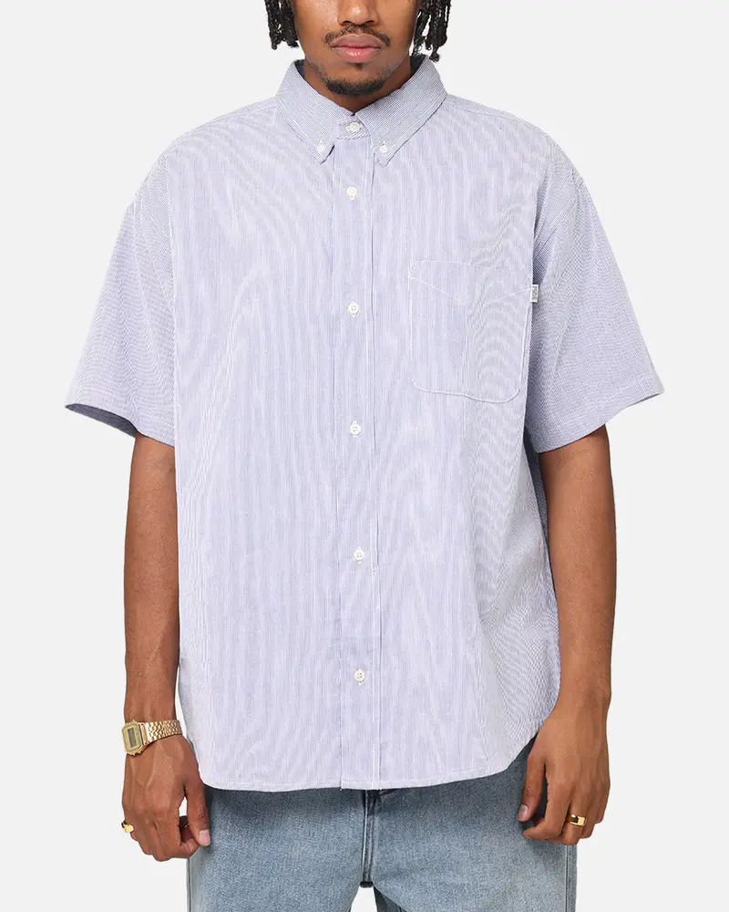 S Double Classic Oxford Button Up Shirt Navy Stripe 1