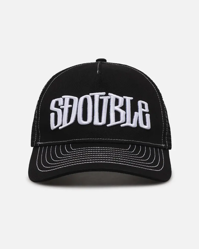 S Double Mid-Block Curved Peak Trucker Strapback Black 1