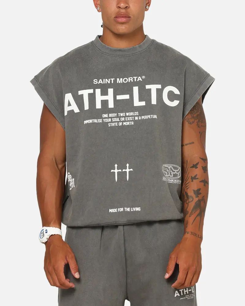 Saint Morta Athletc Cut Off Sweat T-Shirt Washed Charcoal 1