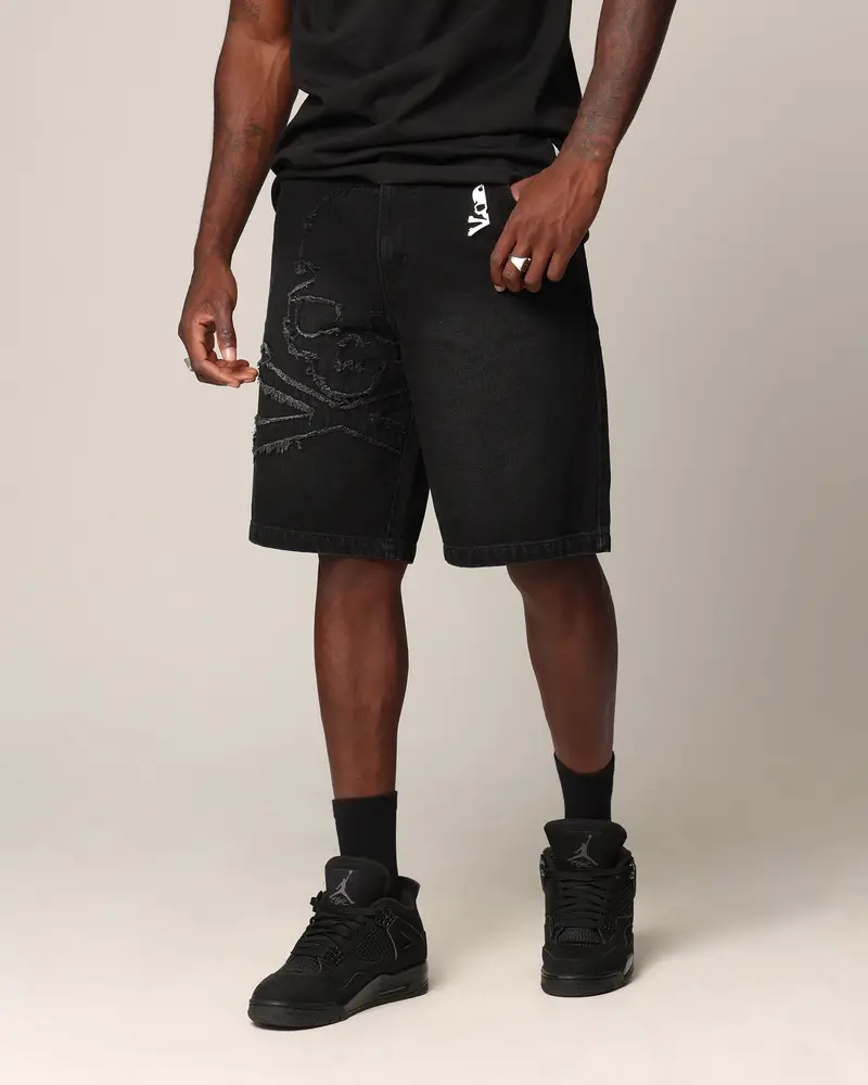 Saint Morta Half Skull Denim Shorts Washed Black 1