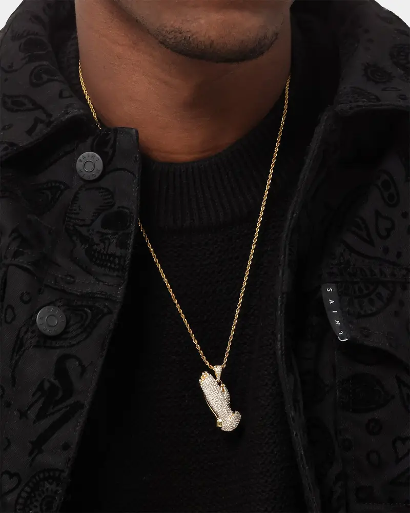 Saint Morta Iced Praying Hands Pendant Iced Gold 1