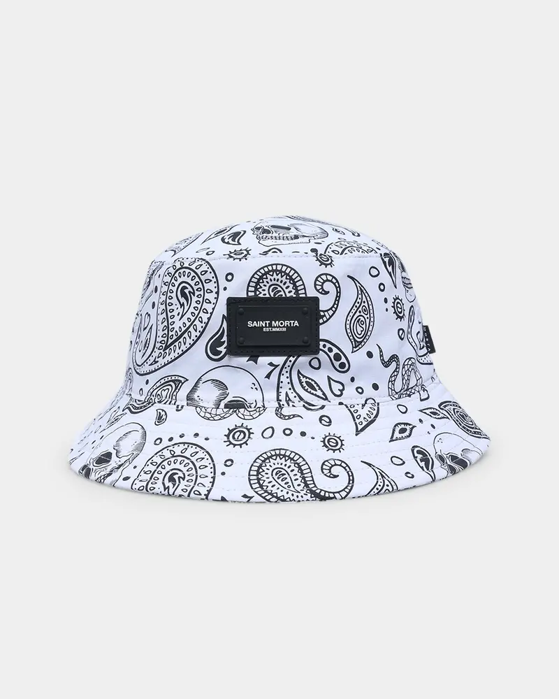 Saint Morta Paisley Skulls Bucket Hat White/Black 1