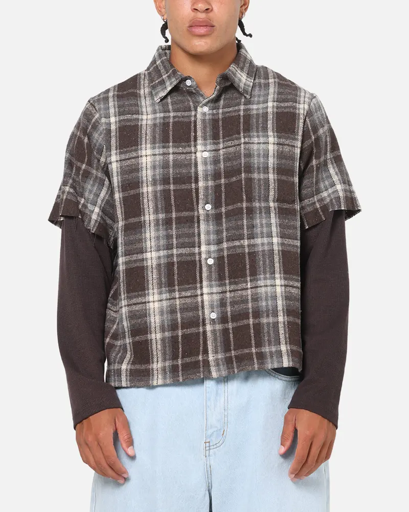 Saint Morta Plaid Layered Long Sleeve Button Up Shirt Brown 1