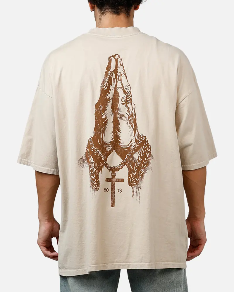 Saint Morta Pray For Me Mock Neck T-Shirt Stone 1
