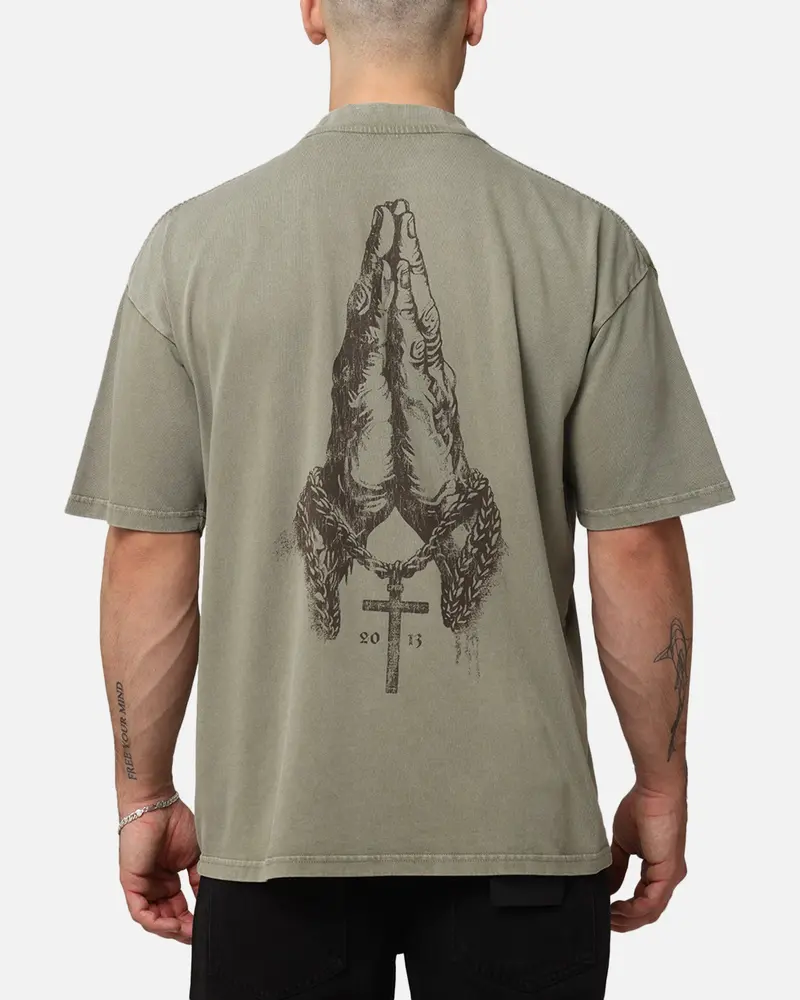 Saint Morta Pray For Me Mock Neck T-Shirt Vintage Khaki 1