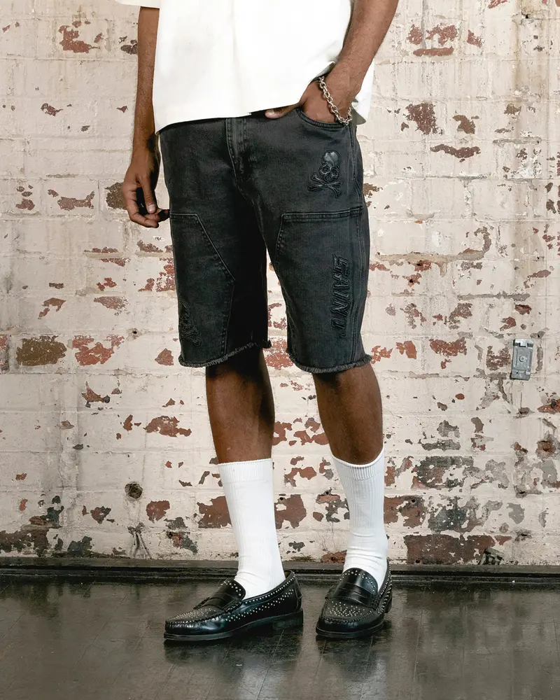 Saint Morta Skull And Bones Denim Shorts Vintage Black 1