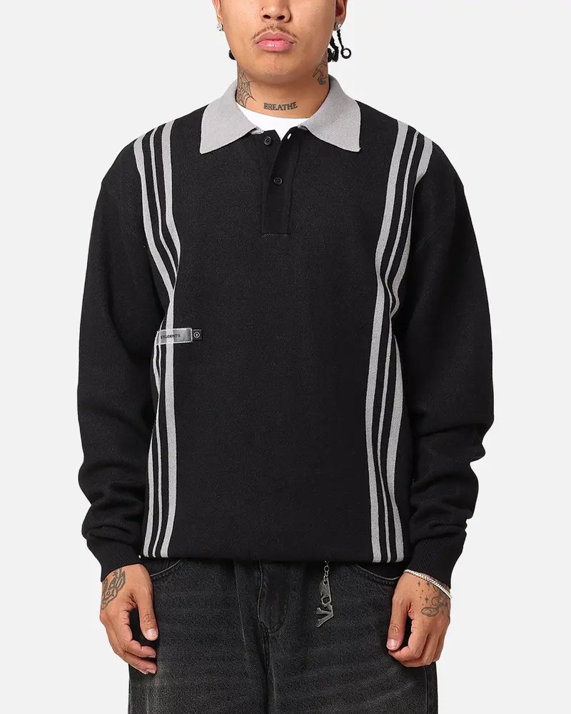 Students Golf Sutton Long Sleeve Knitted Polo Sweater Shirt Black 1