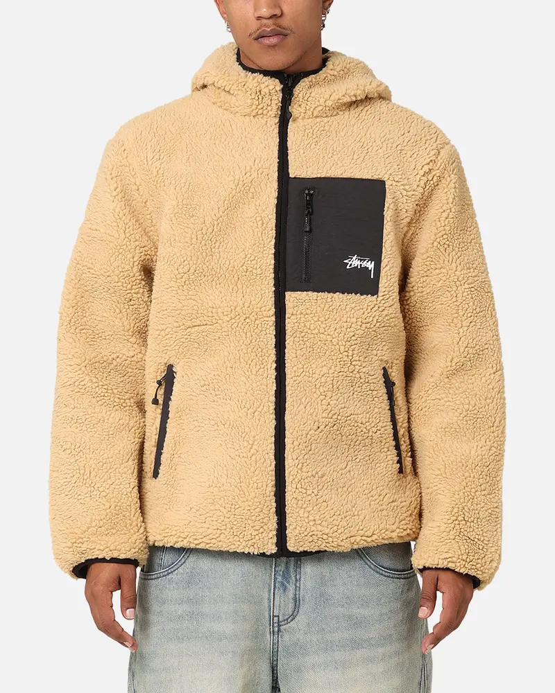 Stüssy 8 Ball Sherpa Reversible Hoodie Tan 1
