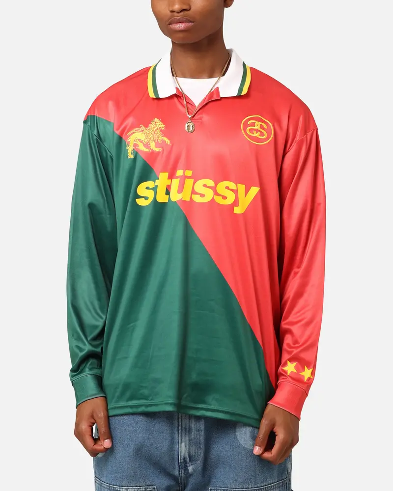 Stüssy Football Polo Long Sleeve T-Shirt Red/Green 1