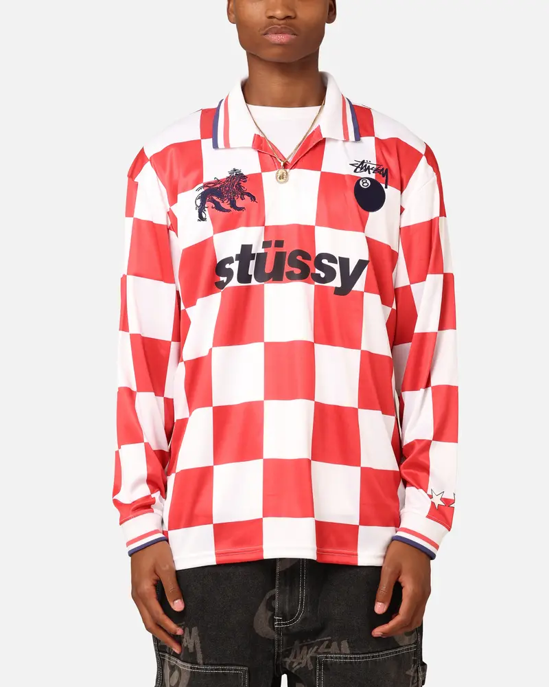 Stüssy Football Polo Long Sleeve T-Shirt White/Red Check 1